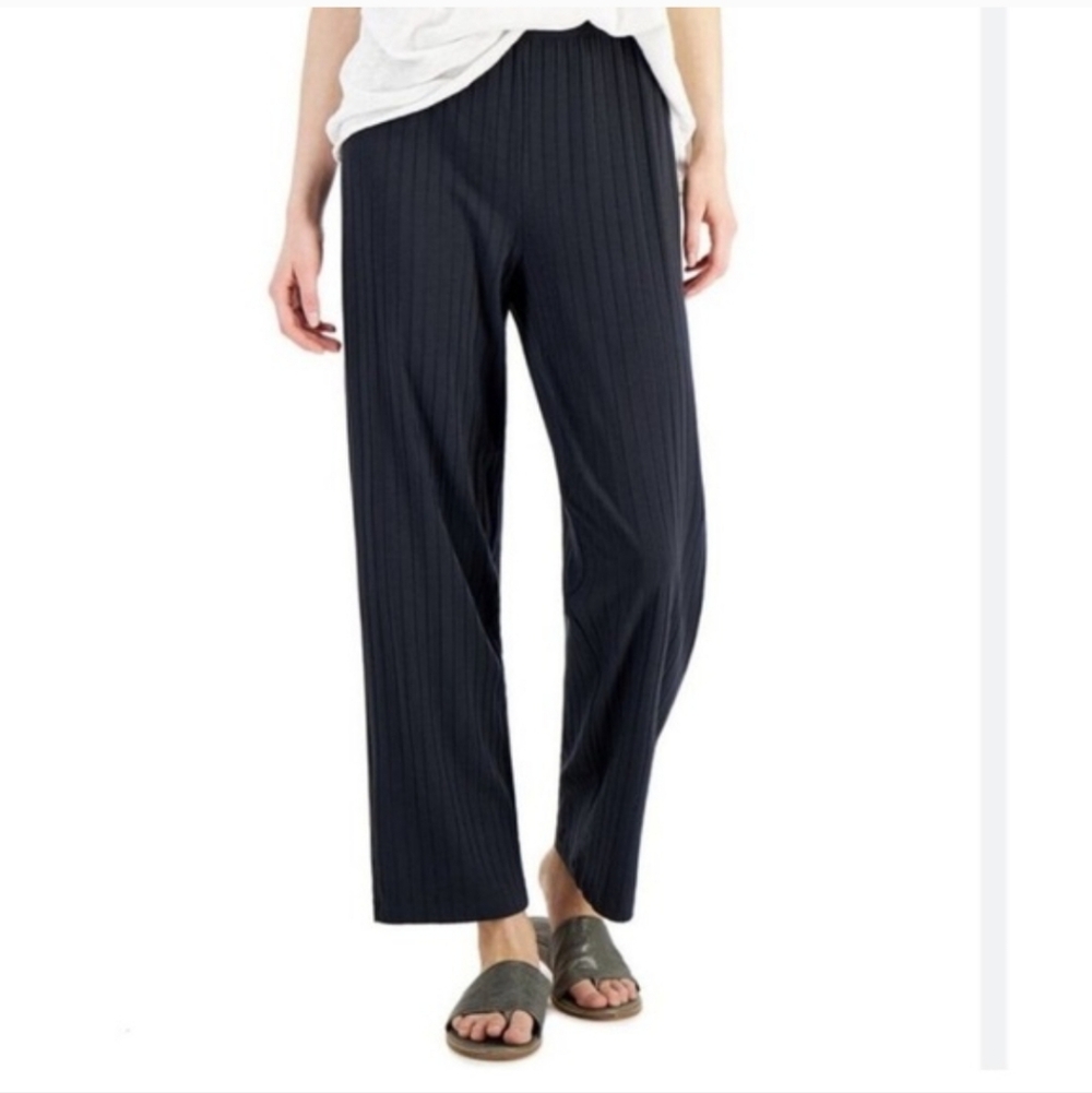 Eileen Fisher Ribbed Black Tencel Stretch Ankle Pants Minimalist Large